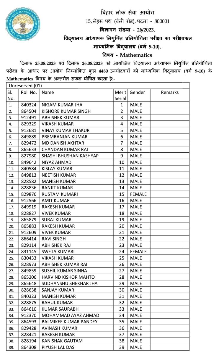 haushilajeet's tweet image. #Mathmatics (9 To 10 ) का रिजल्ट वेबसाइट पर उपलब्ध है.
#BPSC_TRE_RESULT