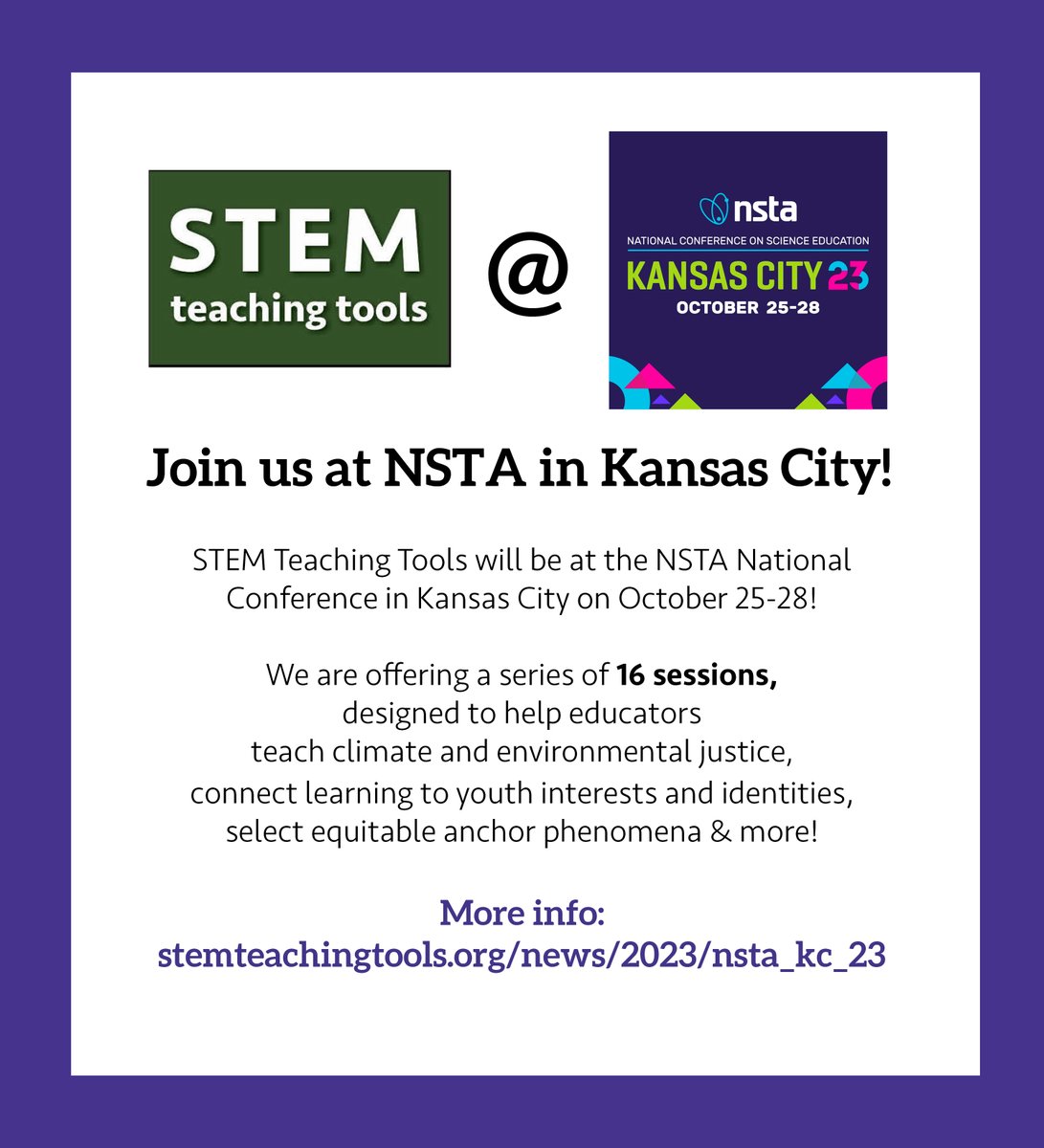 PLS RT #NGSSchat #NGSS The @STEMTeachTools team is excited to be offering 16 sessions at the #NSTA23 Conference in Kansas City this week! Come join us as we explore a broad range of topics & share open ed resources on equity-focused #SciEd! SCHEDULE: stemteachingtools.org/news/2023/nsta…