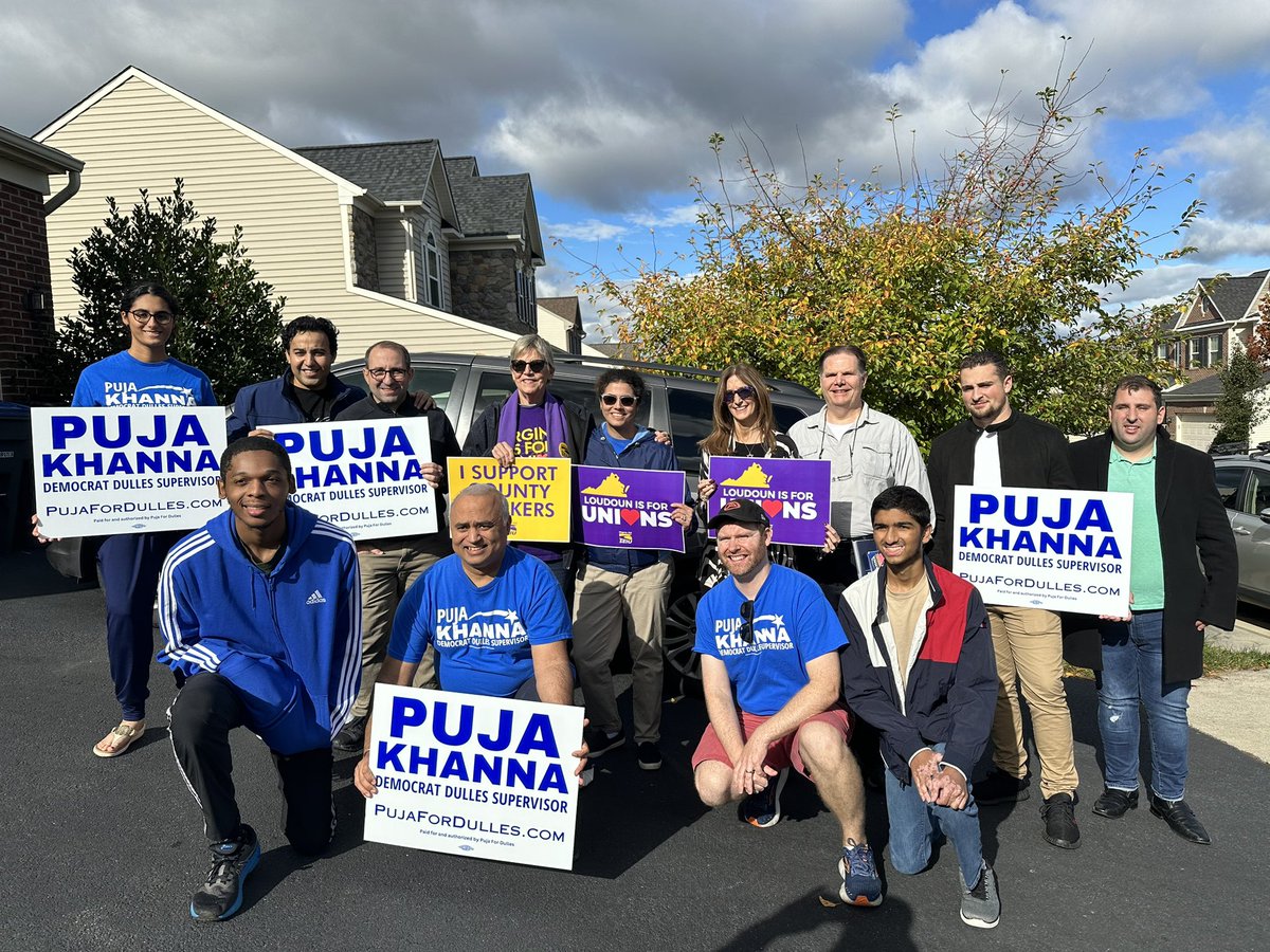 This beautiful morning, I was glad to join many energized supporters @KevinjFCGEU & Patti Nelson with @SEIUVA512 members out in Dulles supporting @PujaSKhanna & @arben4sterling. With 17 days left until Election Day, learn how you can support Puja ⬇️ pujafordulles.com