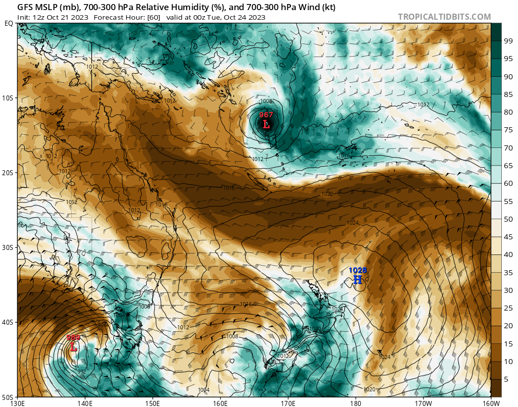 VortixWx's tweet photo. #tropicswx: 
The reasoning that #01P is likely to rapidly intensify is the poleward outflow gets aided by the subtropical jet, similar to like Lidia & Norma in the EPac, along with a shear relaxed environment. SSTs are pretty great up until post-#Vanuatu as well as decent OHC. The moisture content is fair but soon dry air will seep in. So while RI potential is there, it won't be long lasting.