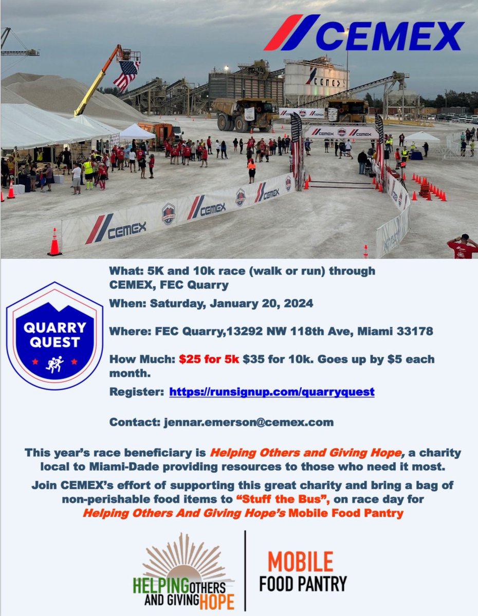 Excited to announce <a href="/official_hoagh/">Helping Others And Giving Hope</a> has partnered up once again with <a href="/Cemex_USA/">Cemex US</a> to have the FEC Quarry 5K and 10K benefiting the HOAGH Mobile Food Pantry and all the efforts the organization does in our community! Sign up today! Can’t wait to see everyone there!  #hoagh