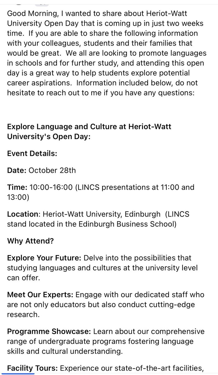 MissAndersonAz2's tweet photo. For any of our young people who are thinking of studying modern languages at university! Open day on the 28th of October at Heriot Watt 🇪🇸🇫🇷🇩🇪@kpss_modernlang @KingsParkSec https://t.co/dWlD8vzIFK