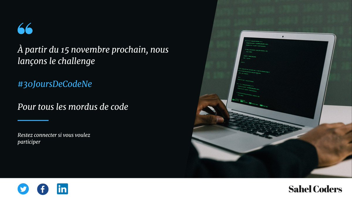 SahelCoders's tweet photo. Pour #30JoursDeCodeNe que nous allons lancer, la date de début est fixe pour le 15 novembre

Rejoignez nous a cette date pour un challenge de codage en ligne !

Restez à l'écoute pour plus de détails sur comment y participer #30JoursDeCodeNe https://t.co/xllsROMJOQ