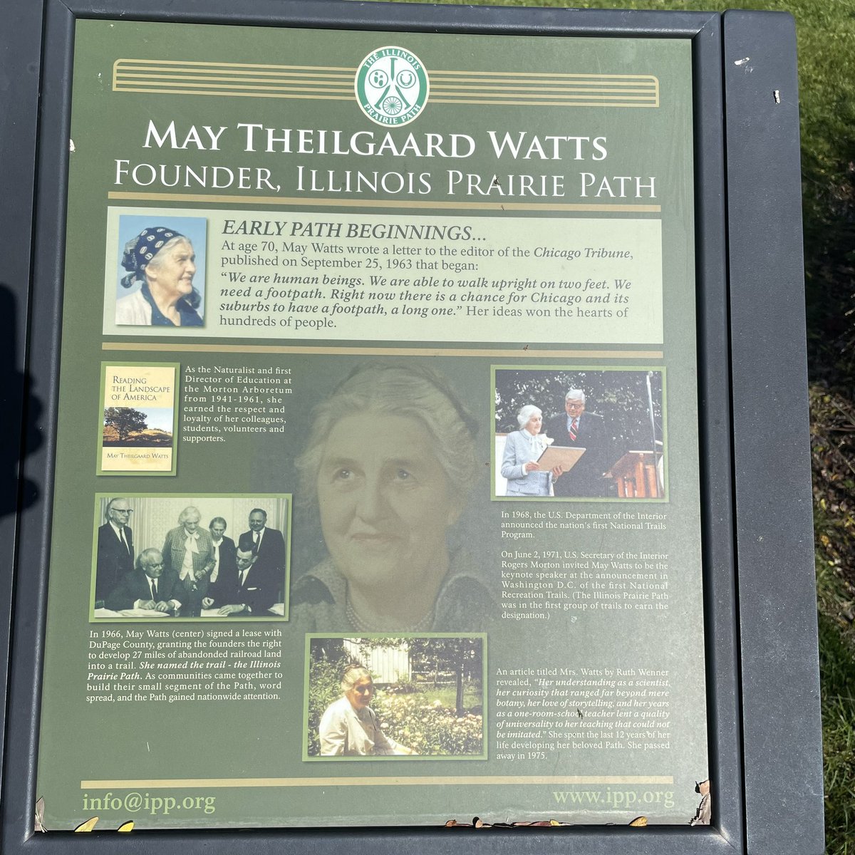 rwagnerful's tweet image. At 70yo in 1963 May Thielgaard Watts proposed the idea of a pedestrian path, &quot;We are human beings. We are able to walk upright on two feet. We need a footpath. Right now there is a chance for Chicago and its suburbs to have a footpath, a long one.&quot; #railstotrails