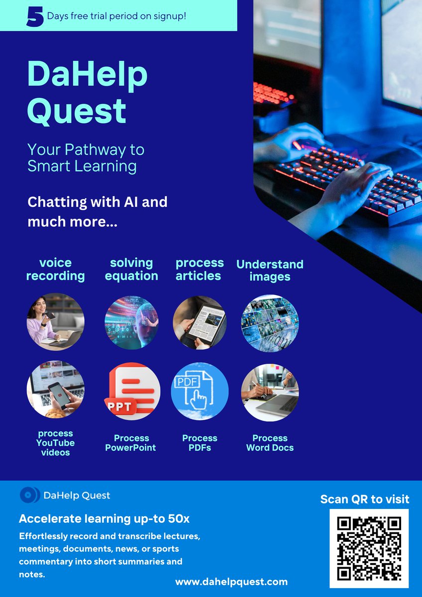 developerswollc's tweet image. Ready to Dive into DaHelp Quest? 🚀 Start your free trial today and experience the future of learning. No strings attached. #FreeTria
•
•
#AcademicSupport
#HappyUsers
#EnhancedLearning
#FreeTrial
#StudySmart
#DaHelpQuest 
#PDFChat 
#studywithDaHelpQuest 
#students 
#AceYourExam