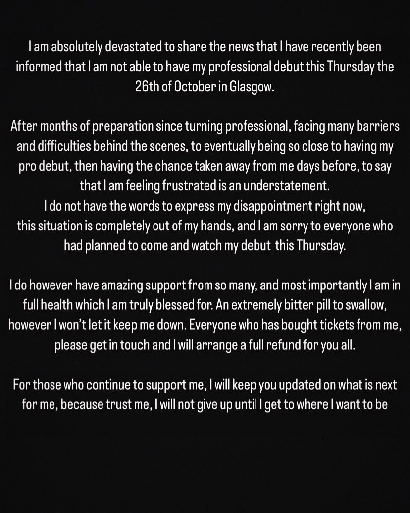 My statement regarding the cancellation of my professional debut in Glasgow 26.10.2023