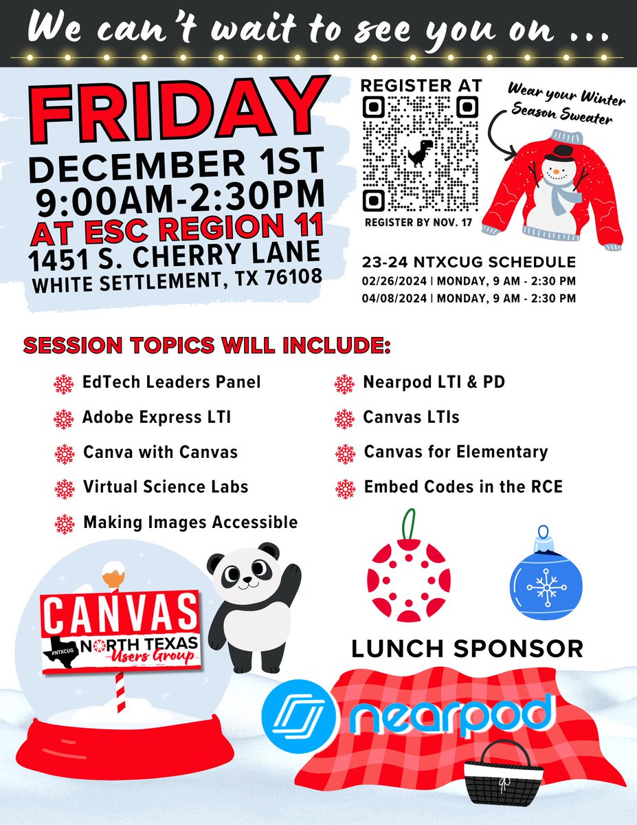 Tracy Shea (@tpshea) on Twitter photo #NTXCUG Meeting
12-01-23, 9AM-2:30PM
Please consider joining the fun! ⛄️
Free Registration
registration.esc11.net/catalog/sessio…
<a href="/Canvas_by_Inst/">Canvas by Instructure</a> <a href="/nearpod/">Nearpod</a> <a href="/EndersTrevor/">Trevor Enders</a> <a href="/MrsBalster/">Stephanie Balster</a> <a href="/MischMindset/">Brent Mischnick 🔜 #ISTE25</a> <a href="/SFant93/">Sandy Fant</a> @jwadec <a href="/taustinITS/">Tammy Austin</a> <a href="/mamaestes/">mamaestes needs a ☕️</a> <a href="/jasonpoe/">Jason Poe</a> <a href="/fergask/">Kerry Fergason</a> <a href="/kjohnsontech/">Kristie Johnson</a> <a href="/JLambert54/">Jennifer Lambert</a> <a href="/MJ_teaches/">Misty Joaquin</a> #NTXCUG Meeting
12-01-23, 9AM-2:30PM
Please consider joining the fun! ⛄️
Free Registration
registration.esc11.net/catalog/sessio…
<a href="/Canvas_by_Inst/">Canvas by Instructure</a> <a href="/nearpod/">Nearpod</a> <a href="/EndersTrevor/">Trevor Enders</a> <a href="/MrsBalster/">Stephanie Balster</a> <a href="/MischMindset/">Brent Mischnick 🔜 #ISTE25</a> <a href="/SFant93/">Sandy Fant</a> @jwadec <a href="/taustinITS/">Tammy Austin</a> <a href="/mamaestes/">mamaestes needs a ☕️</a> <a href="/jasonpoe/">Jason Poe</a> <a href="/fergask/">Kerry Fergason</a> <a href="/kjohnsontech/">Kristie Johnson</a> <a href="/JLambert54/">Jennifer Lambert</a> <a href="/MJ_teaches/">Misty Joaquin</a>
