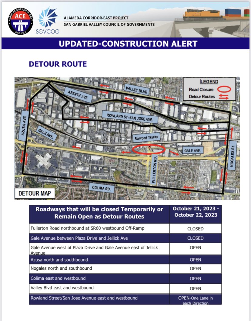 Update-Gale Avenue Intersection Cosure 2 Nights Only <a href="/industry_ca/">City of Industry</a> #construction #closure