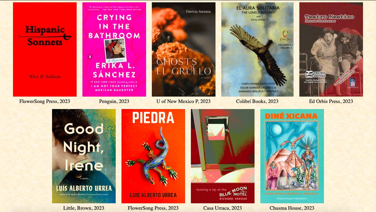 Alex_Z_Salinas's tweet photo. Some 2023 #books in A Visual History of Chicano/a/x Literature. Honored to see, by luck of surname, Hispanic Sonnets alongside Erika L. Sánchez &amp; fellow @FlowerSongPress-er Luis Alberto Urrea.

Database: https://t.co/0sKUwdScJH

#poetry #bookcovers #chicanx #hispanicliterature https://t.co/170csL3kE8