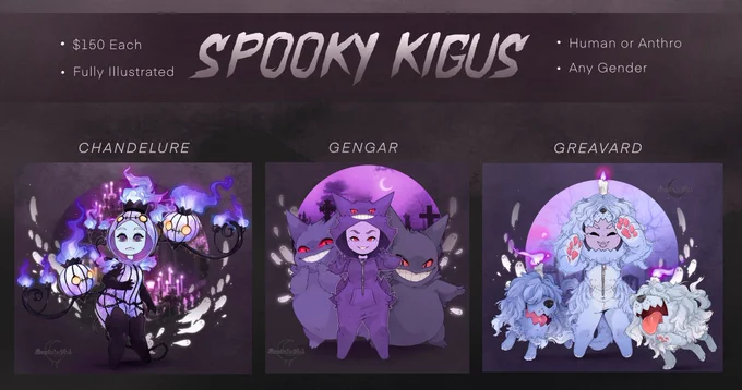  SPOOKY POKÉMON   Mimikyu • Noibat • Pumpkaboo • Chandelure • Gengar • Greavard   1 5 0  Multiple Slots  Closing Tuesday 10/24  6 Spooky Themes to chose from! (Including 3 all new ones)  • Comment "CLAIM" for a spot •   R/Ts are always very appreciated 