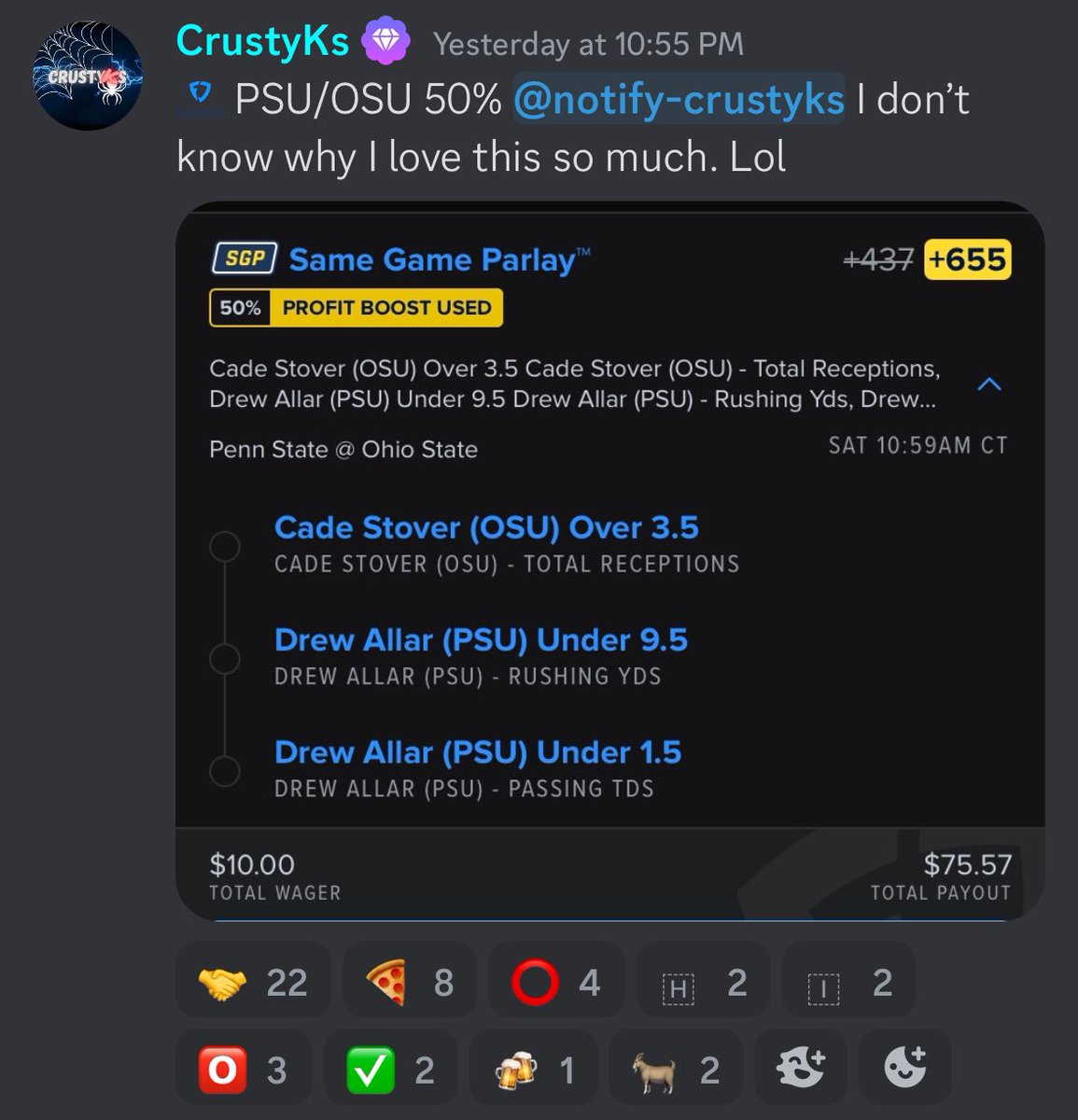 GoldBoys's tweet photo. Cash this NCAAF SGP from @CrustyKs 🏈🏈

$10 ➡️ $75.57 💰💰

Posted in the discord ➡️ https://t.co/ChgX7UxU00 https://t.co/iuT0r9y0F0