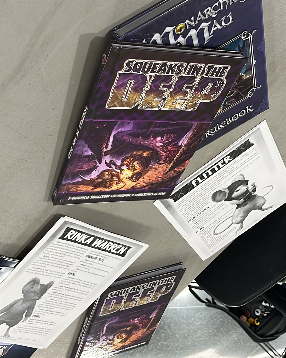 Prepped for the last Squeaks in the Deep demo of the day at #gameholecon Not at the show? It's available via Drivethrurpg at drivethrurpg.com/product/388790… and your FLGS! #theonyxpath #pugmire #squeaksinthedeep