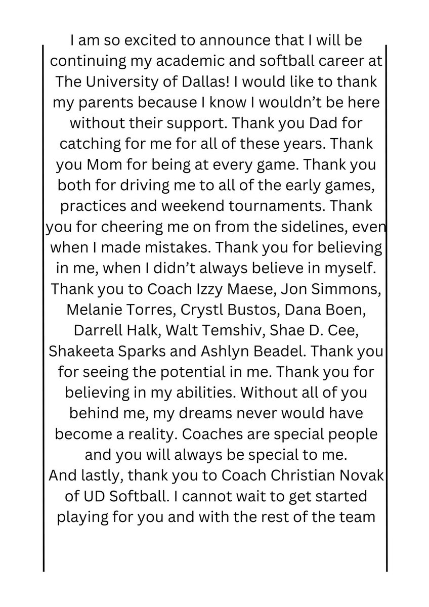Ana Hawthorne (@anahawthorne14) on Twitter photo I am so excited to announce that I will be continuing my academic and softball career <a href="/UDallasSoftball/">University of Dallas Softball</a>
Thank you to my Coaches <a href="/MaeseIsmael/">Coach Izzy Maese</a> and <a href="/JonSimmons80/">Jonathan Simmons</a> !
Thank you to Coach <a href="/NovakChristian2/">christian</a> for the opportunity! I am so excited to announce that I will be continuing my academic and softball career <a href="/UDallasSoftball/">University of Dallas Softball</a>
Thank you to my Coaches <a href="/MaeseIsmael/">Coach Izzy Maese</a> and <a href="/JonSimmons80/">Jonathan Simmons</a> !
Thank you to Coach <a href="/NovakChristian2/">christian</a> for the opportunity!