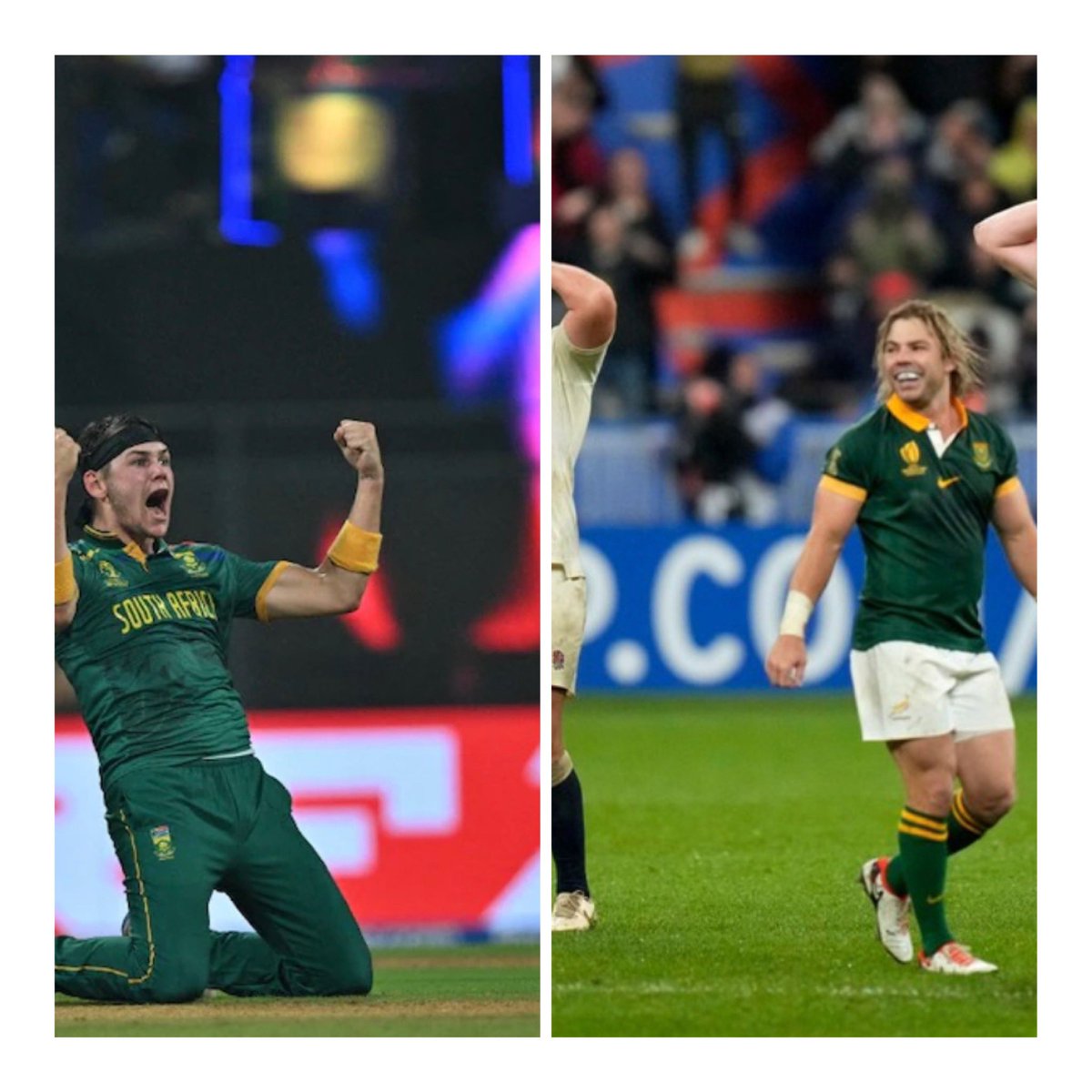 rsaembassyinksa's tweet photo. Pride of a nation! Congratulations Springboks and Proteas for beating their English counterparts on the same day. #rwc2023 #CWC2023 #Proteas #Springbokpower https://t.co/6cat2e2LIH