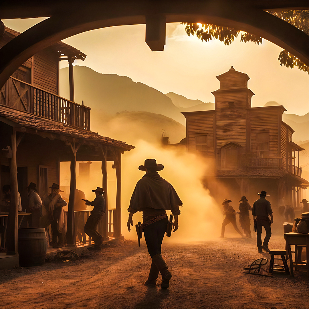 We asked AI to create a scene from a classic western movie with a dusty desert town and cowboys. Here are the results. 
#AIArt #WesternVibes