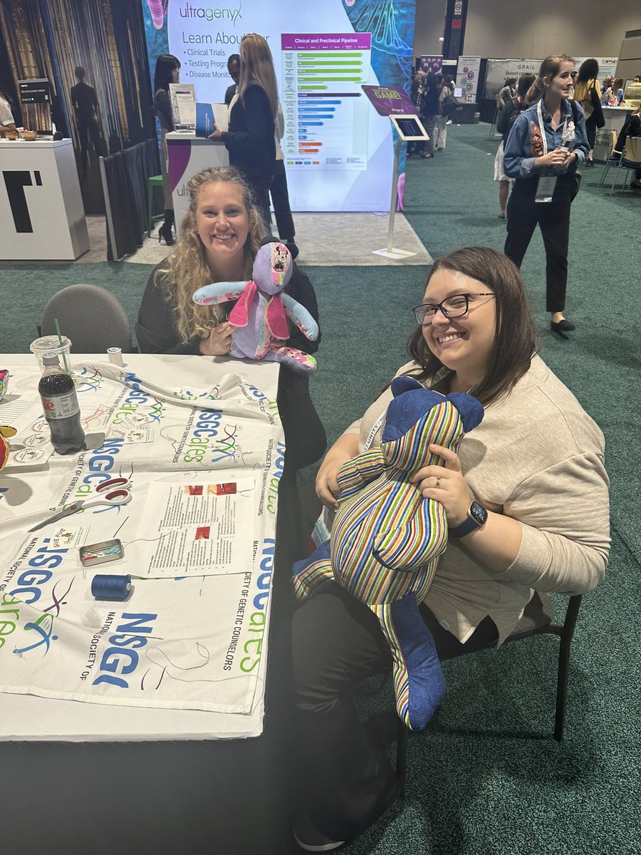 Amazing <a href="/myriadgenetics/">Myriad Genetics</a> volunteers - <a href="/KallieWoodsGC/">Kallie Woods MS, CGC (she/her)</a> and Andrea- stitching up the rare bears <a href="/GeneticCouns/">Genetic Counselors</a> #NSGC23