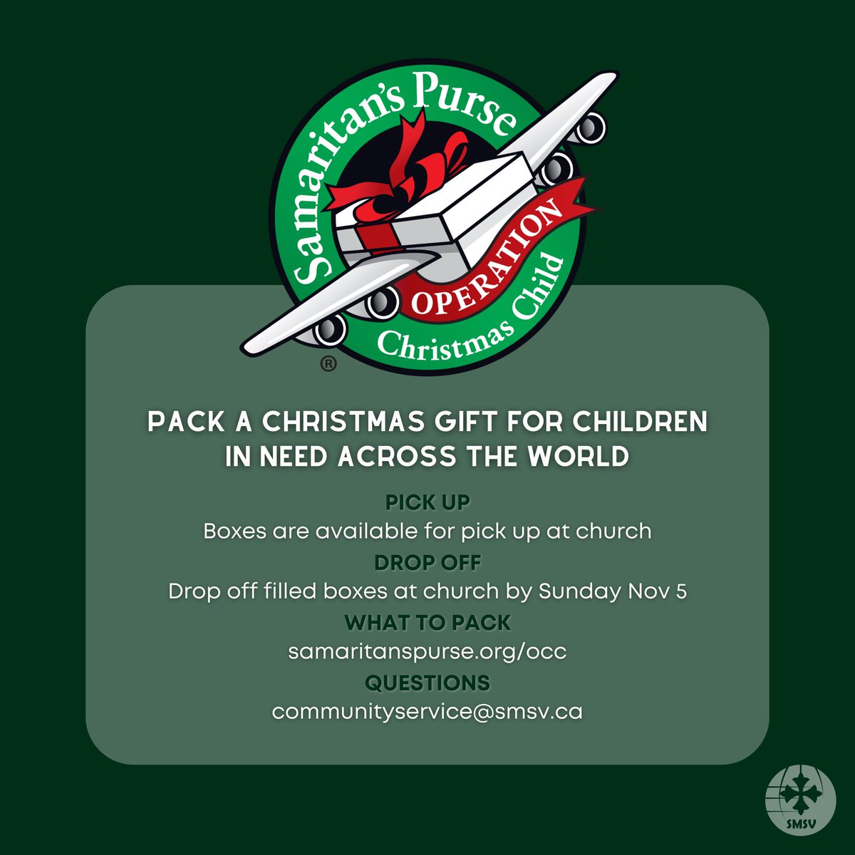 Pack a Christmas Gift for children in need across the world, and help spread the good news of Jesus! Operation Christmas Child shoeboxes are available for pick up at church. Return your filled boxes anytime on or before Sunday, November 5th!