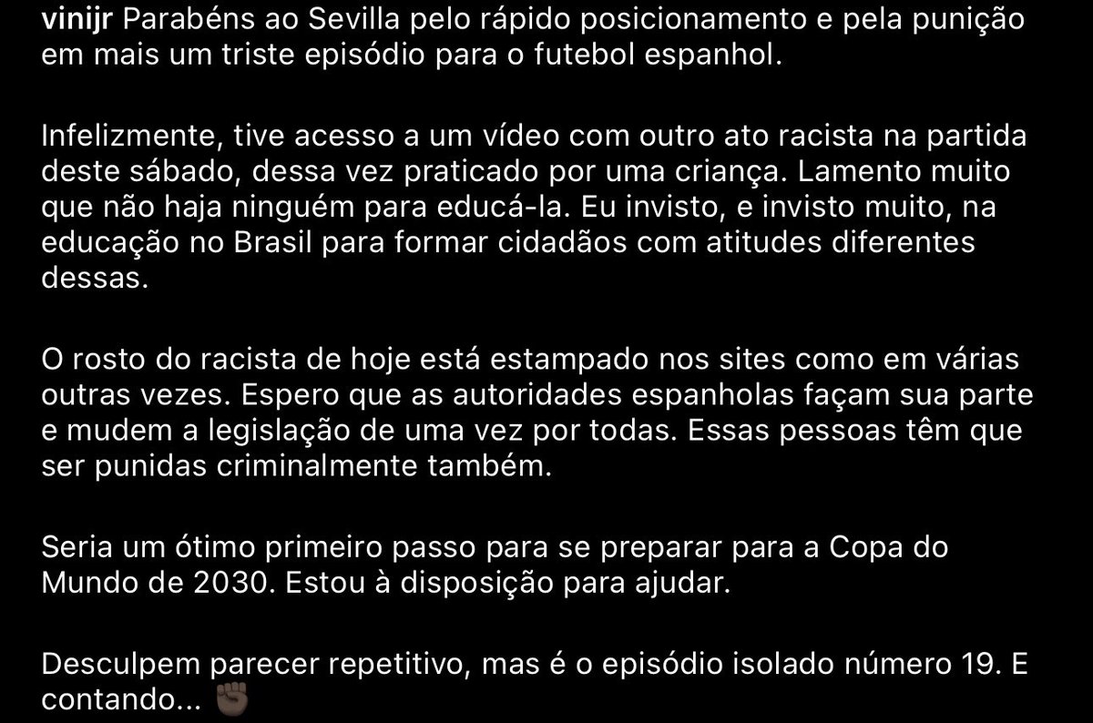 versofc's tweet photo. Vini Jr. compartilha suas reflexões após ser alvo de racismo mais uma vez na Espanha:
"Outro ato racista, dessa vez praticado por uma criança. Lamento muito  que não haja ninguém para educá-la. Eu invisto, e invisto muito, na  educação no Brasil para formar cidadãos diferentes. Desculpem parecer  repetitivo, mas é o episódio isolado número 19. E contando"#viniJr #ViniciusJunir #racismo #RealMadridsevilla
