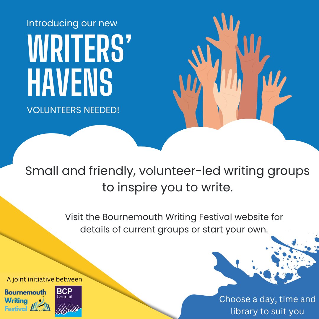 We've teamed up with @BCPLibraries to create Writers' Havens for local #bournemouth writers to meet and be inspired by each other.  

Want to host a group? Volunteer now!  

All the details: bournemouthwritingfestival.co.uk/writing-groups…

#writingcommunity #librariesforall #dorset #poole #christchurch