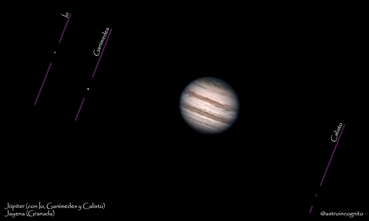 AstroIncognito's tweet photo. #Júpiter y su plano orbital marcado por las lunas Ío, Ganimedes y Calisto, desde cerca de #Jayena. Tubo Newton 200, barlow 3x, cámara ASI585MC. https://t.co/Ad8QYA2zMh