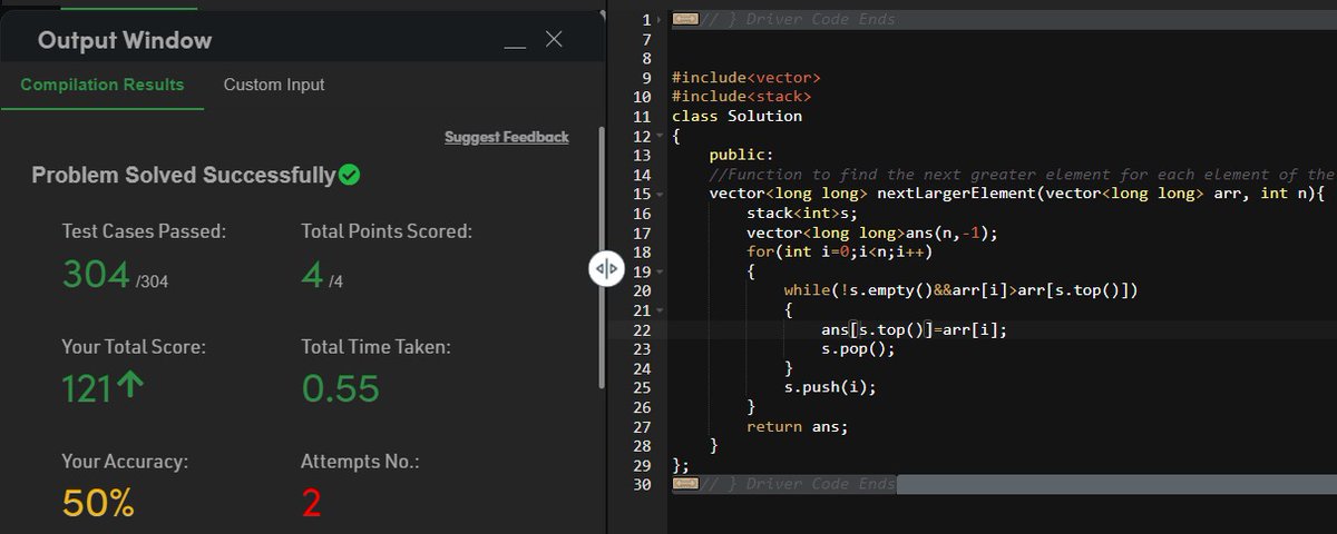 PoonjiJadon's tweet image. #75DaysOfDSA
Day 20/75
Day 20: 2 questions
-&amp;gt;Next greater element 

-&amp;gt;Next smallest element

Was planning to do more questions, but debugging took longer ( Next greater element) due to different IDEs of both the question. Stopping here for today.
#DSA #consistency #problemsolving