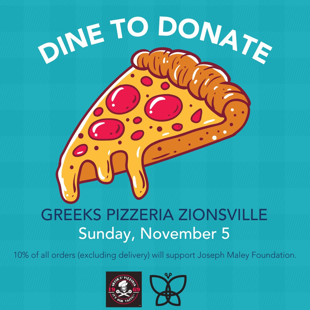JosephMaleyJMF's tweet photo. We're partnering with Greeks Pizzeria in Zionsville to host an all day Dine-to-Donate fundraiser on Sun, Nov. 5! 10% of all orders that day (excluding delivery) will support the Foundation.

Families who participate in our Fall Family Fun Day will receive a 25% discount. https://t.co/qgDGRozUeV