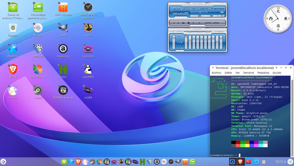 jmpsosa79's tweet photo. Distribución OpenSUSE Tumbleweed con escritorio LXDE y apariencia e iconos de Ukui 3.0 y Deepin 20.6. Lo he conseguido, se parecen mucho a los escritorios, en Linux todo es posible 😅👏🏻#openSUSE #Tumbleweed #LXDE #UKUI #Deepin #Linux #opensource #SábadoDeEscritorio 🖱️⌨️🖥️ https://t.co/M14o0rZXRn