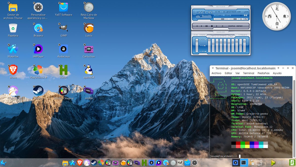 jmpsosa79's tweet photo. Distribución OpenSUSE Tumbleweed con escritorio LXDE y apariencia e iconos de Ukui 3.0 y Deepin 20.6. Lo he conseguido, se parecen mucho a los escritorios, en Linux todo es posible 😅👏🏻#openSUSE #Tumbleweed #LXDE #UKUI #Deepin #Linux #opensource #SábadoDeEscritorio 🖱️⌨️🖥️ https://t.co/M14o0rZXRn