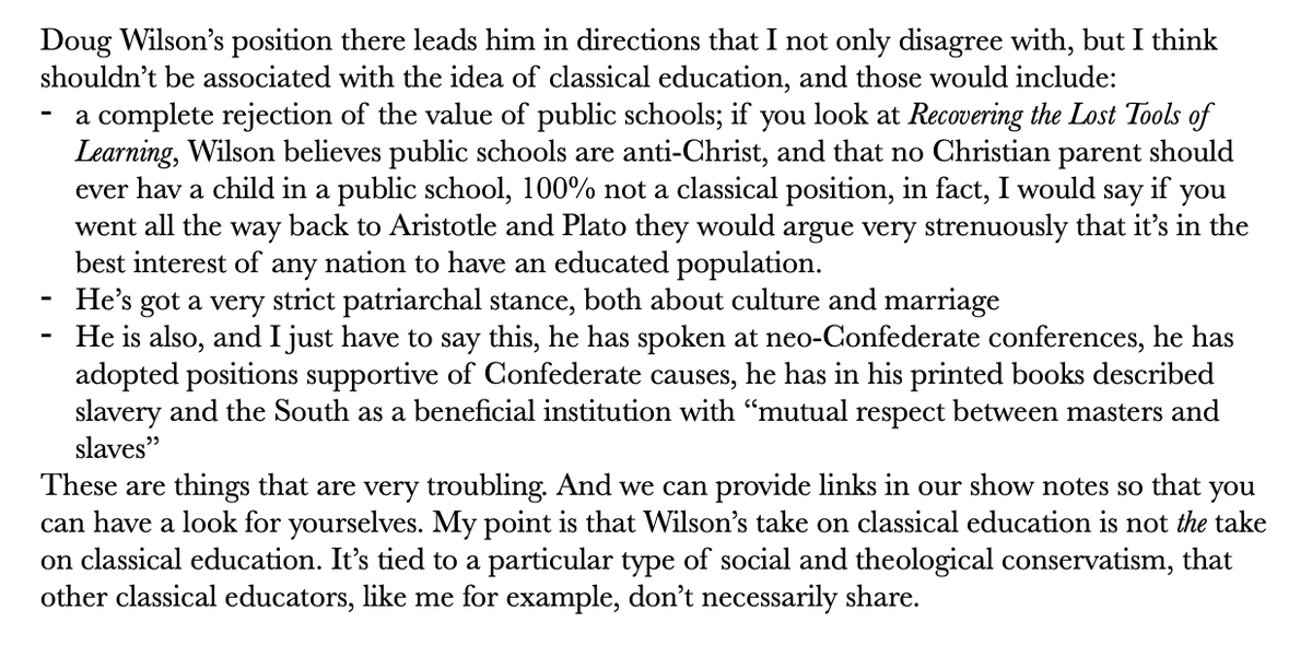 danieleleven32's tweet photo. I appreciated this episode of the @WTMpress podcast (@SusanWiseBauer @Susanna_Jarrett) "Where is Classical Education Going?"
Bauer specifically critiques Douglas Wilson's peculiar approach:
- hostility to public schools
-patriarchy
-neo-Confederate ties
https://t.co/5KTEmYWDiF https://t.co/VWEaSJzqUk
