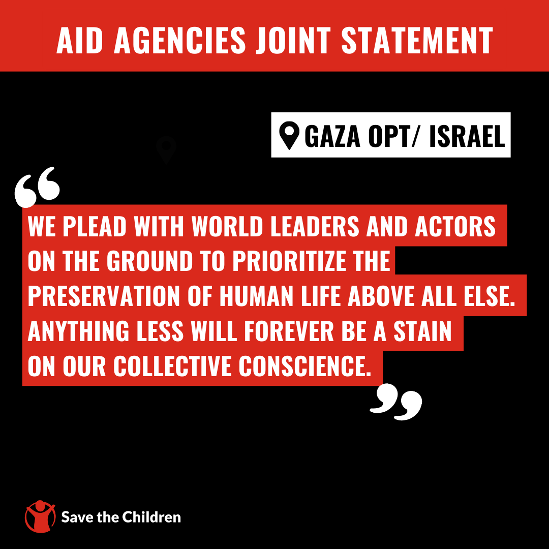 save_children's tweet photo. We are alarmed by #Israel’s call for over 1M Palestinians to leave northern #Gaza in less than 24 hours.

We and 11 other aid agencies urgently call for the violence to stop.

Read the full statement: https://t.co/oFPI1PpJkg https://t.co/QXj1G1Y5j9
