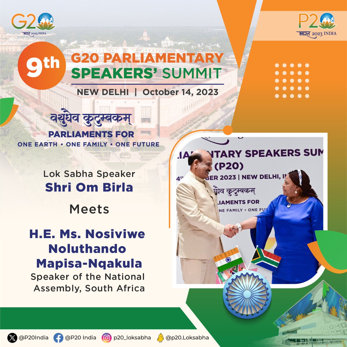 The Speaker of Lok Sabha, Shri <a href="/ombirlakota/">Om Birla</a>, met H.E. Ms. Nosiviwe Mapisa-Nqakula, Speaker of the National Assembly of South Africa, on the sidelines of  the #P20Summit. In a cordial exchange, he conveyed his congratulations to South Africa for the inclusion of <a href="/_AfricanUnion/">African Union</a> in