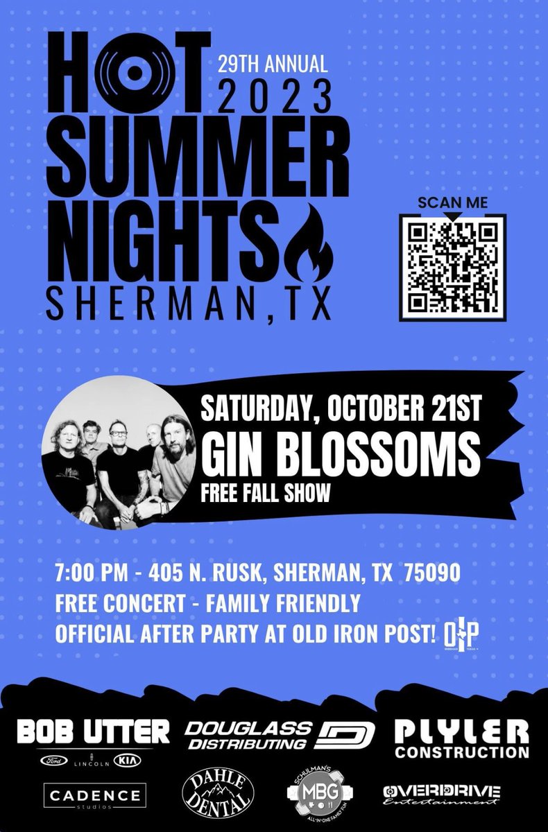 Make plans to join us in @ShermanTexas on October 21st as we welcome the @ginblossoms! This fun concert is a part of our Hot Summer Nights Concert series and we would love to see you there. Don’t miss out!