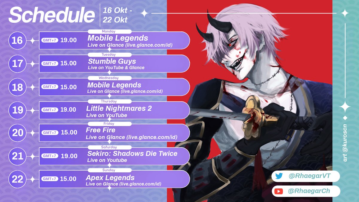 RhaegarVT's tweet photo. 【🧟Schedule 16 Oktober - 22 Oktober 🐉】
Minggu depan ku bakal full stream setiap hari muehehe.
Ada kemungkinan Live yang di Glance bakal kumirror ke YouTube juga hehe
General: #RhaegarAgamotto
Live: #RhaeLIVE
Art: #RhaegArt
Memes: #Rhaeceh
Clips: #Rhaekaman
#VtubeID https://t.co/rKCvQSWnAW