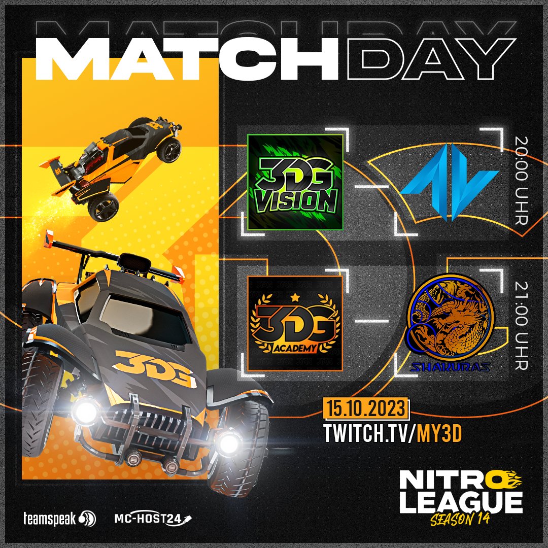 3DG-RL (@3dg_rl) on Twitter photo Endspurt für unsere Teams in der <a href="/NitroLeagueRL/">Nitro League Legacy</a>!⚽🚗
⚔️ 3DG Vision vs Team Gravity
⚔️ 3DG Academy vs Shakuras E-Sports
⏱️ Sonntag - ab 20:00Uhr
🎙️ Cast: <a href="/Rvbymoon_/">Rvby</a>
🔴 LIVE auf: twitch.tv/my3d
Sponsored: <a href="/teamspeak/">TeamSpeak</a> <a href="/MCHOST24/">MC-HOST24.de</a>
#esport #LIVESTREAM #RocketLeague #TwitchDE Endspurt für unsere Teams in der <a href="/NitroLeagueRL/">Nitro League Legacy</a>!⚽🚗
⚔️ 3DG Vision vs Team Gravity
⚔️ 3DG Academy vs Shakuras E-Sports
⏱️ Sonntag - ab 20:00Uhr
🎙️ Cast: <a href="/Rvbymoon_/">Rvby</a>
🔴 LIVE auf: twitch.tv/my3d
Sponsored: <a href="/teamspeak/">TeamSpeak</a> <a href="/MCHOST24/">MC-HOST24.de</a>
#esport #LIVESTREAM #RocketLeague #TwitchDE