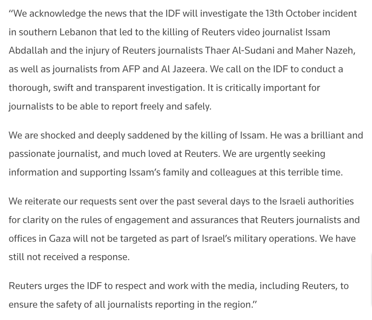 Reuters say the IDF has not responded to several requests asking for assurances Reuters journalists and offices in Gaza will not be targeted.