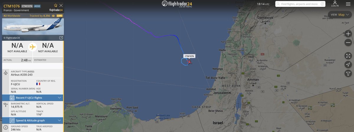 alternativewip's tweet photo. #AAE french air force A330 currently in a holding pattern over the coast of #Israel due to incoming rocket strikes near to #TLV, flight intended  for the evacuation of french citizens. #CTM1076 https://t.co/nUvA5ZnWto