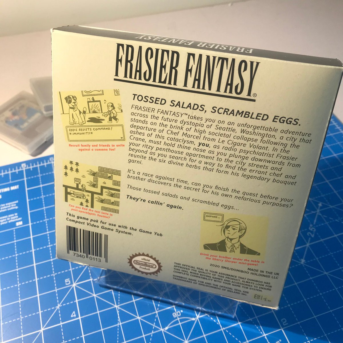 400facts's tweet image. A few years back I made up some packaging for a fictional game named after everyone’s favourite radio psychiatrist and today I learned that @ejlabarbera has made an actual, proper game that feels like an episode of Frasier blended with Final Fantasy :)