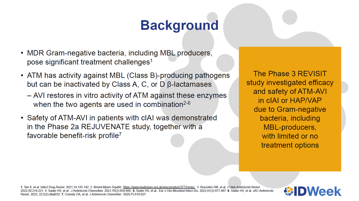 ⚡Late Breaker Clinical Trial Updates #IDWeek2023
#REVISIT phase 3 trial
- #Aztreonam has activity against MBL (Class B)-producing pathogens but can be inactivated by Class A, C, or D β-lactamases
- #Avibactam restores in vitro activity of ATM against these enzymes