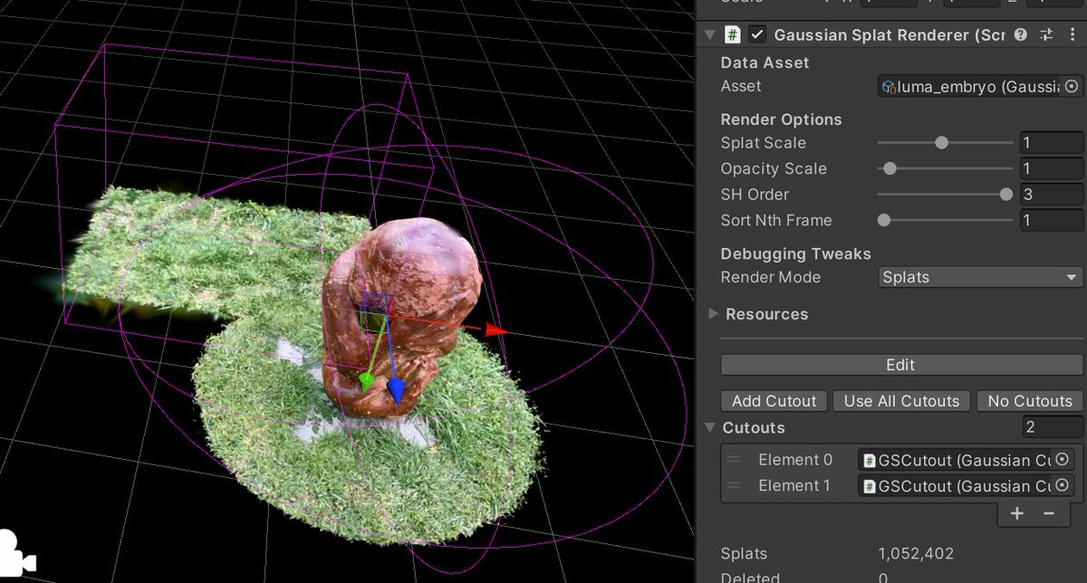 aras_p's tweet image. So! Unity Gaussian Splatting v0.7.0 got a bit faster rendering speed, and together with @hybridherbst added a "cutouts" feature for faster splat editing. And some other stuff. github.com/aras-p/UnityGa…