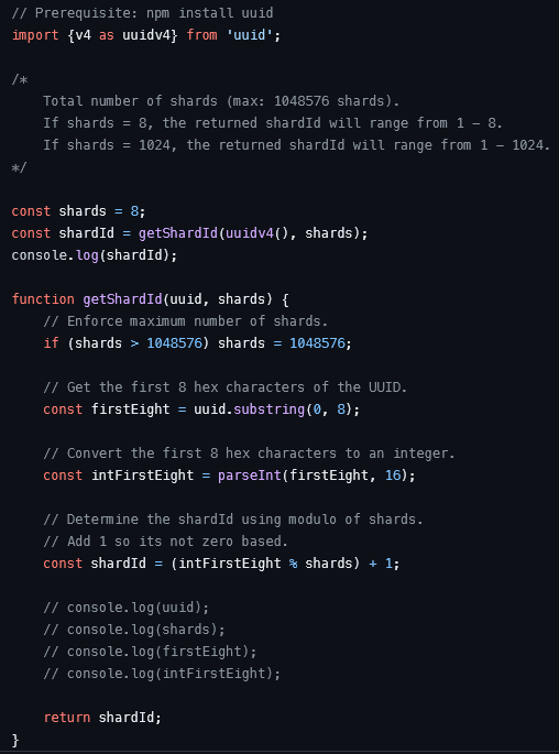 ServerlessGuy's tweet photo. Are you sharding data? Do you need to convert UUIDs to an integer based Shard Id?  Here is an example JavaScript function to check out:  https://t.co/vmejb8U3zd

#data #javascript #scaling #performance https://t.co/EeIOWg2SXv