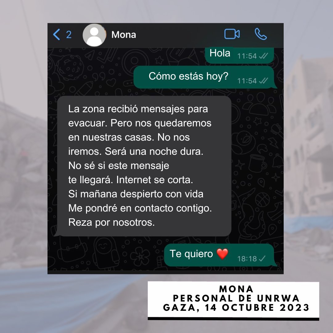 La situación en Gaza es insoportable. Están matando a nuestros compañeros.

Este es un mensaje real de una de nuestras compañeras en Gaza.

#CivilesGazaNoSonObjetivo