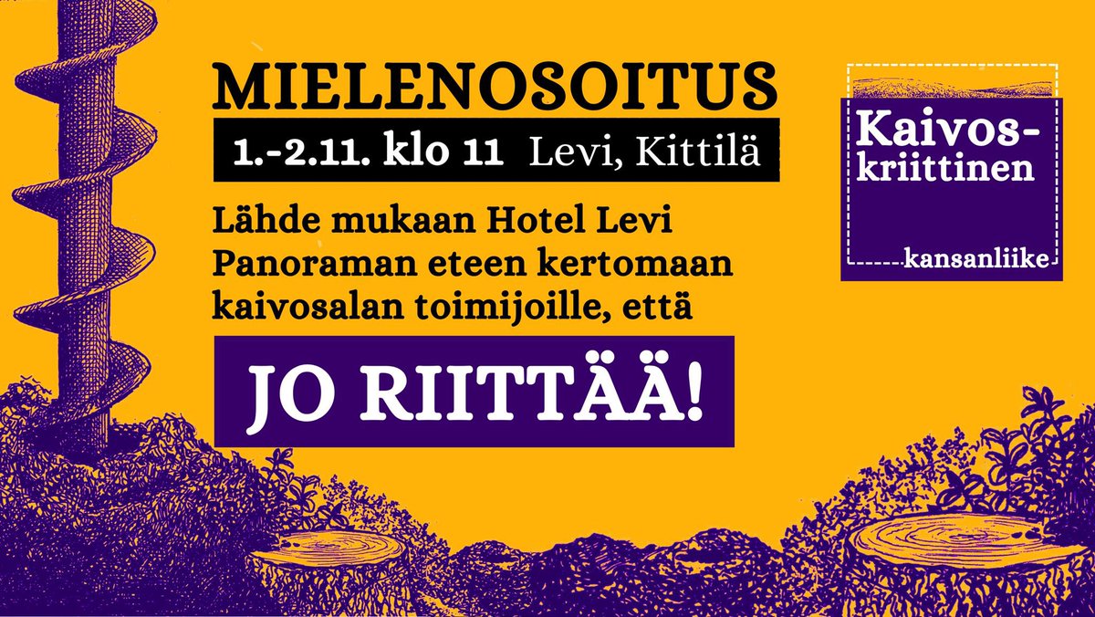 Kaivoskriittinen kansanliike järjestää mielenosoituksen Levillä 1.-2.11. klo 11 tapahtumakeskus Levi Summitin edessä. Kansainvälinen kaivosteollisuuden konferenssi, Fennoscandian Exploration & Mining, järjestetään kyseisenä ajankohtana. #kaivokset #myrkynvihreäsiirtymä