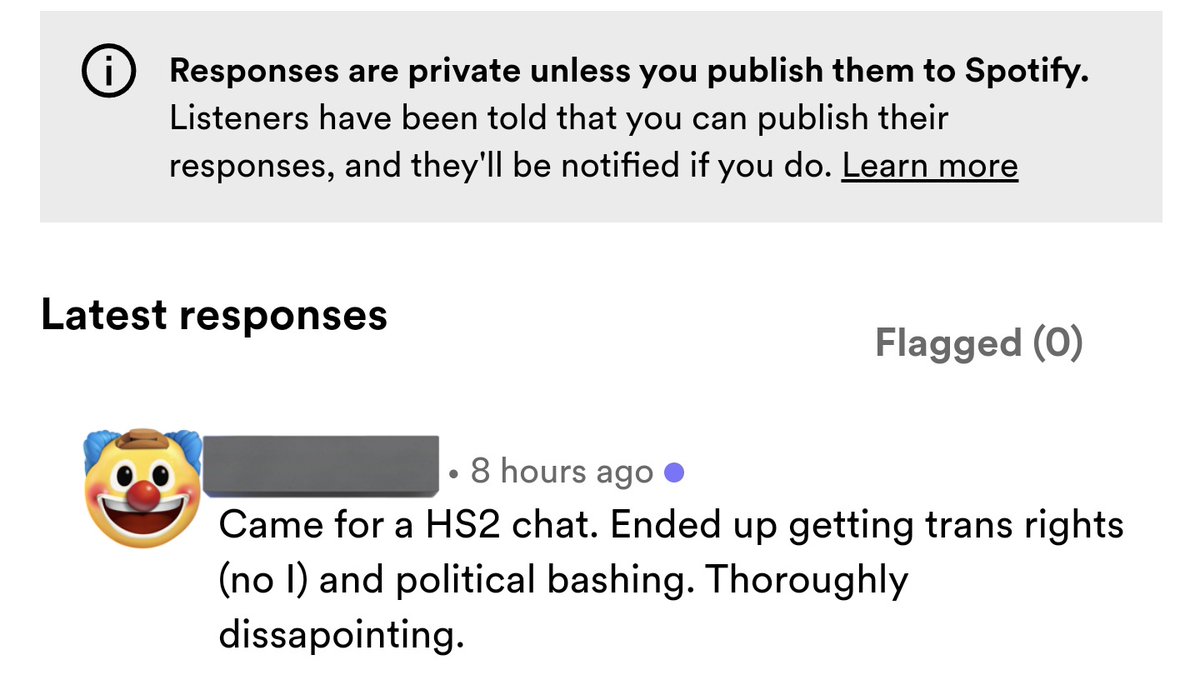 a screenshot of a review on Spotify podcasts from an irritated listener who is apparently annoyed about trans rights and the fact that discussing HS2 involves politics... "Came for a [sic] HS2 chat. Ended up getting trans rights (no I) and political bashing. Thoroughly disappointing."