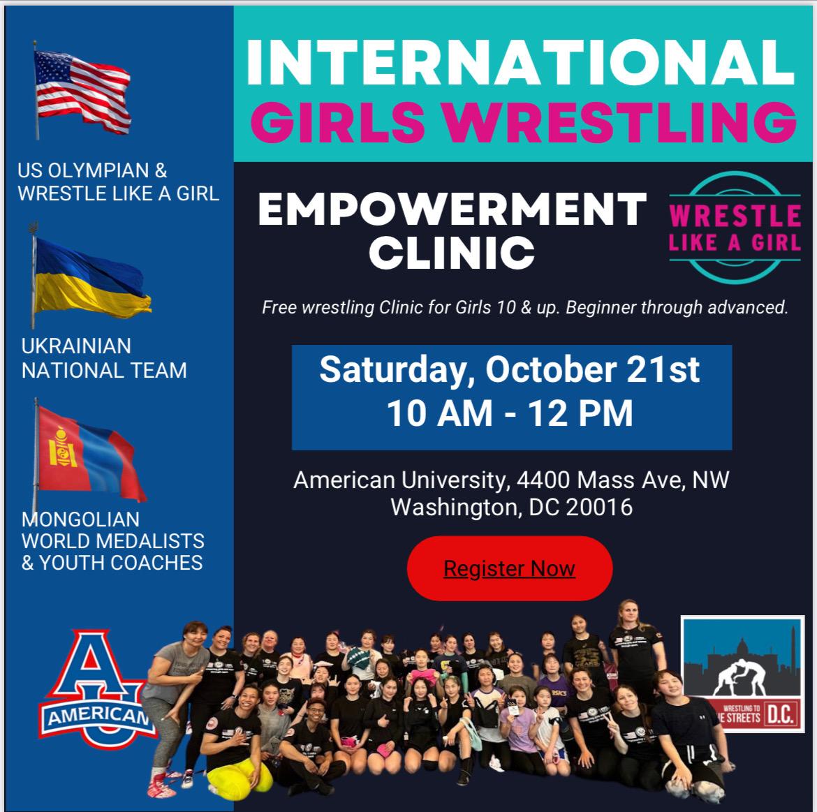 Free girls wrestling clinic hosted by Wrestle Like A Girl &amp; American University Wrestling for girls ages 10+. 

You will learn from international Olympians, World Medalists, and youth coaches.

Register Now: ow.ly/gTY550PWE0B
