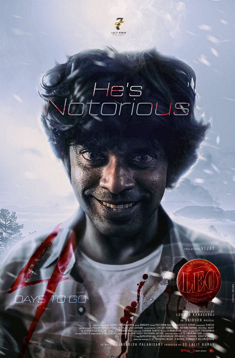 Im_thinura's tweet photo. He's Notorious...😈
4 Days to Go🔥🧊
#Leo is Releasing worldwide in Tamil, Hindi, Telugu &amp; Kannada 💥

#Thalapathy @actorvijay sir @Dir_Lokesh @trishtrashers @anirudhofficial @duttsanjay @akarjunofficial @7screenstudio @Jagadishbliss  @m_gajan @SonyMusicSouth 

#LeoFromOctober19 https://t.co/bL3LvOyirs