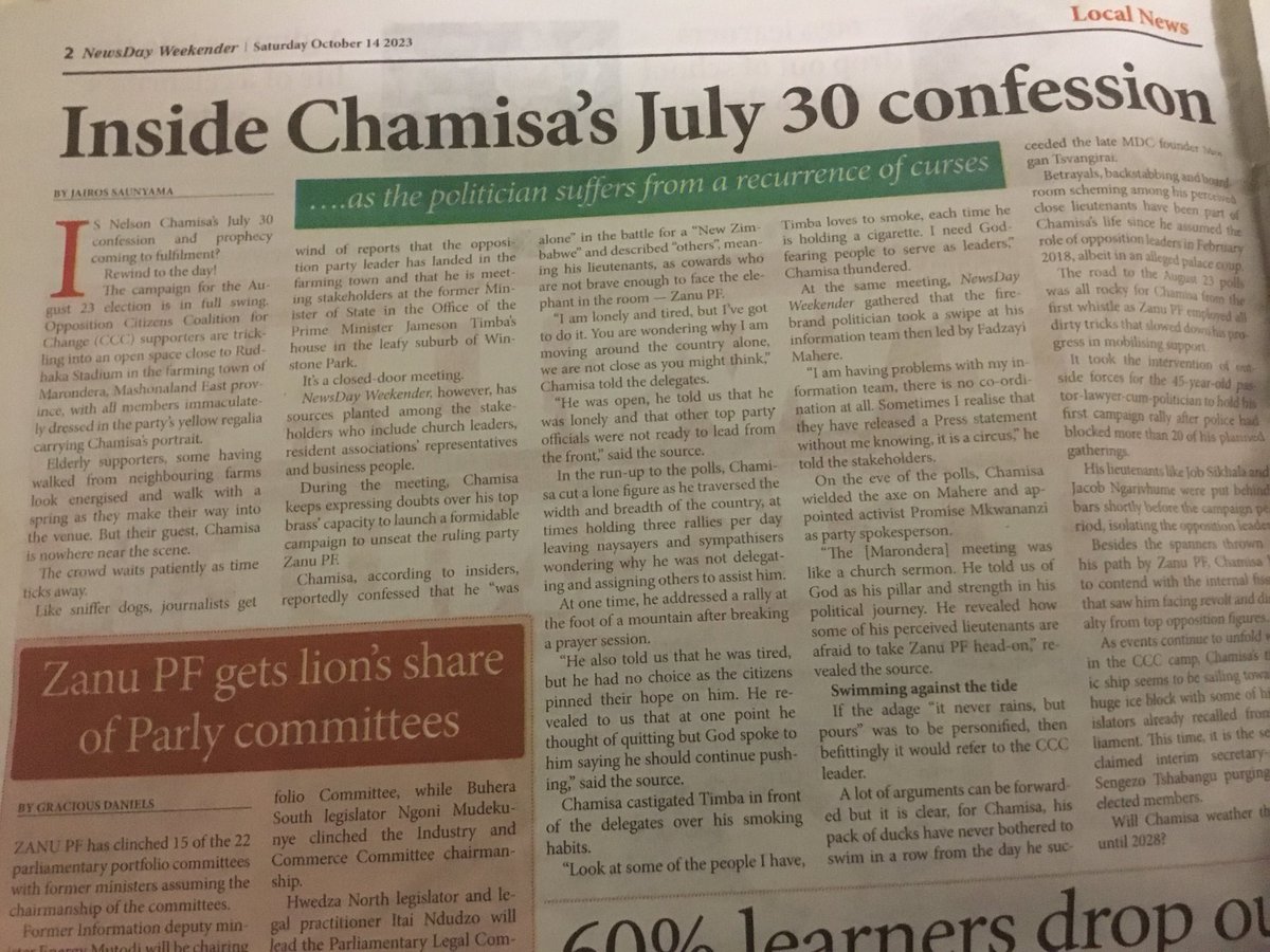 I AM SURPRISED that many Zimbabweans have taken no notice of this farmed-out article by a little-known journalist, JAIROS SAUNYAMA, by which Chamisa is preparing his people for a massive culling of several of his original TOP BRASS! You will need this article to understand what