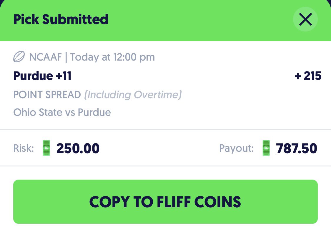🚨FREE SHOT AT $250🚨

If this hits, I’ll give away $100 to a random person who likes/RT’s this

FanDuel: Ohio State -10.5 -215 $537.50 to win $787.50

FLIFF: Purdue +11 +215 $250 to win $787.50

If Ohio State wins exactly by 11, our FLIFF bet will void and our FD bet will win
