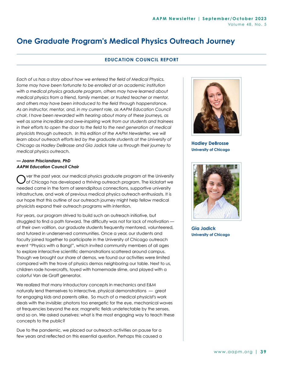 aapmHQ's tweet photo. Education Council Report - One Graduate Program's Medical Physics Outreach Journey: pp. 39-42. Authors: Hadley DeBrosse, Gia Jadick. Each of us has a story about how we entered the field of Medical Physics. Some may have been fortunate to be enrolled at… https://t.co/cV496BcjT6 https://t.co/IU4EymvRXo