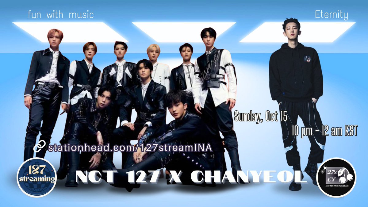 27xCHANYEOL's tweet photo. Join us tomorrow at our party in collaboration with @127streamINA and @127streaming via @STATIONHEAD!

Sun, Oct 15
10pm - 12am KST
🔗: https://t.co/fFjQQyPlpq

Let's have fun with music and get ready for Eternity Fancon!

#CHANYEOL #찬열 #Eternity https://t.co/Ef5UYz0Ee9