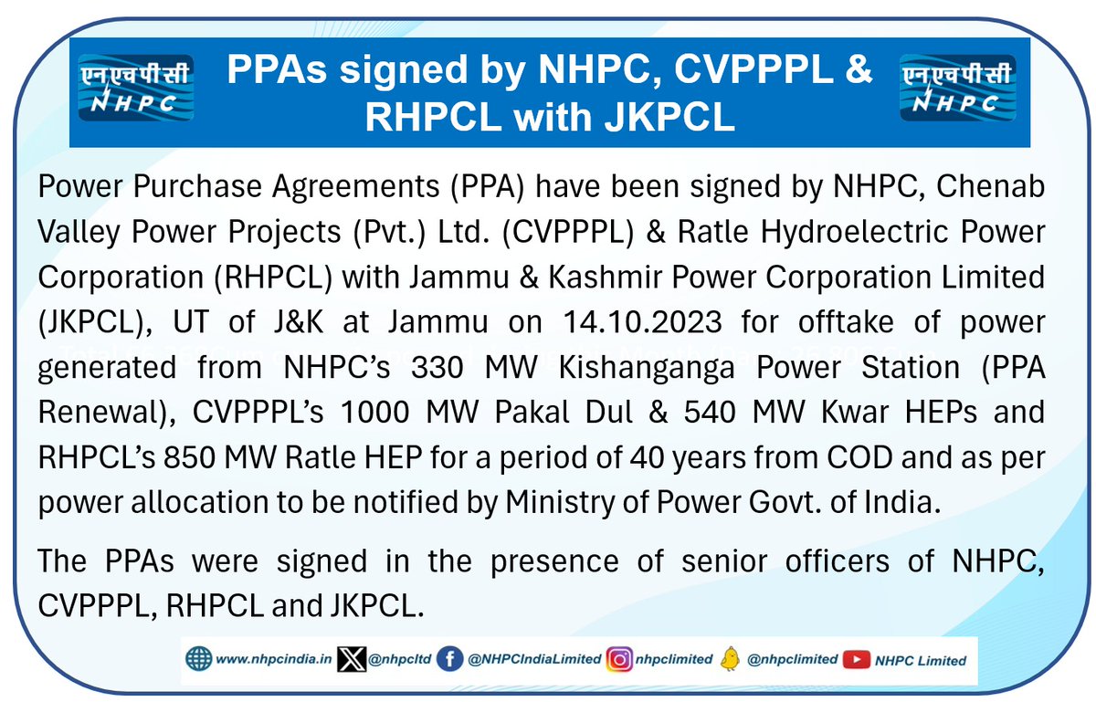 nhpcltd's tweet photo. PPAs signed by NHPC, CVPPPL & RHPCL with JKPCL #Hydropower #nhpclimited #MinOfPower #power_pib #PIB_India @PIBSrinagar https://t.co/rG6n97g8yg